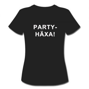 T-shirt dam-modell med ca 18 cm stor logga fram PARTYHÄXA!