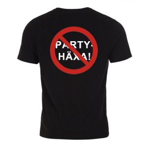 T-shirt herr-modell med ca 18 cm stor logga Förbudsskylt Partyhäxa baktill på ryggen.