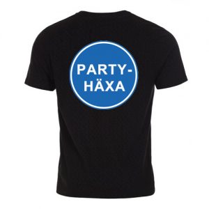 T-shirt herr-modell med ca 18 cm stor logga Påbudsskylt Partyhäxa baktill på ryggen.